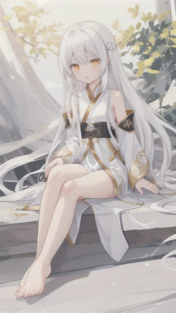 Long silver hair，White Dragon Horn，Golden Eyes，silver hanfu，barefoot，Sitting on someone&#39;s shoulders