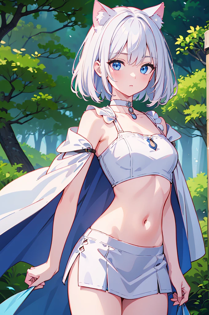 (master piece:1.2), (best Quality:1.2), (ultra detailed:1.2), (highres:1.2), 4k, 8k, from front, cowboy body, look at viewer, girl, beautiful detailed eyes, short hair, White hair, (blue eyes1:1), small breasts, fantasy, medieval, cat ears, expressionless, Scout costume, crop top, simple choker, cape, (forest:1.1), indian style,