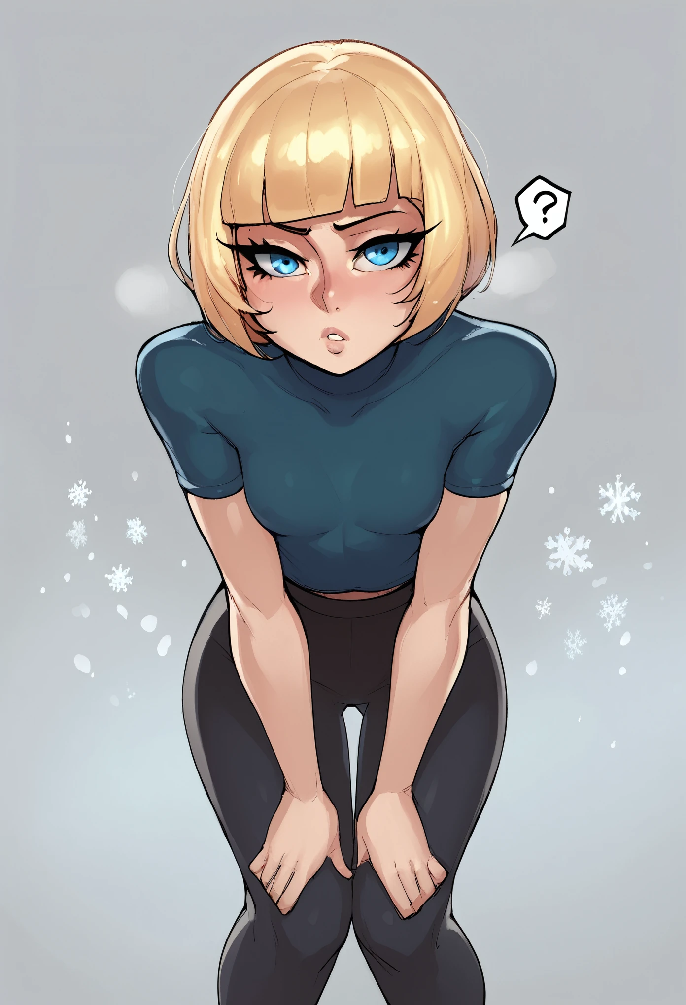 score_9, score_8_up, score_7_up, score_6_up, score_5_up, score_4_up, BREAK 1girl, blonde hair, short hair, swept bangs, blue eyes, long eyelashes, confused expression, bent over, blunt bangs, short, BREAK solo, small breasts, skinny, arched back, thigh gap, school outfit, BREAK (snowy background:1.2), simple background, innocent, lovely, adorable,
