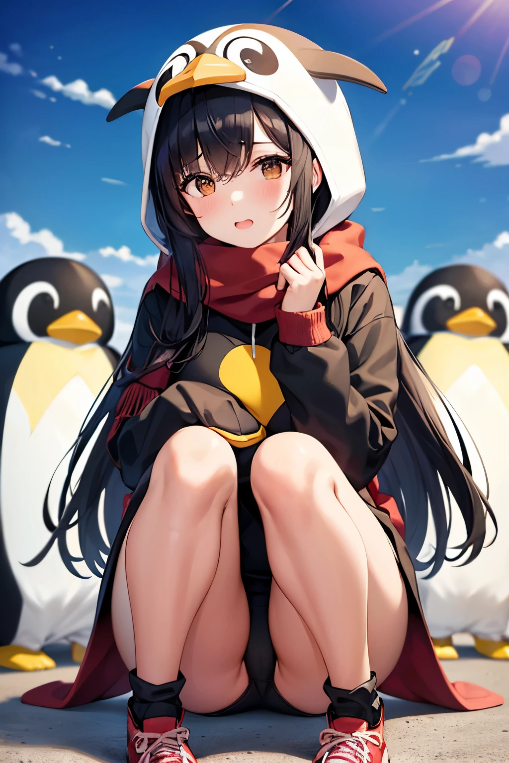 Woman in a penguin costume(Looking up、blush、Random knee angle、Black Hair、Red scarf、Yellow headphones)