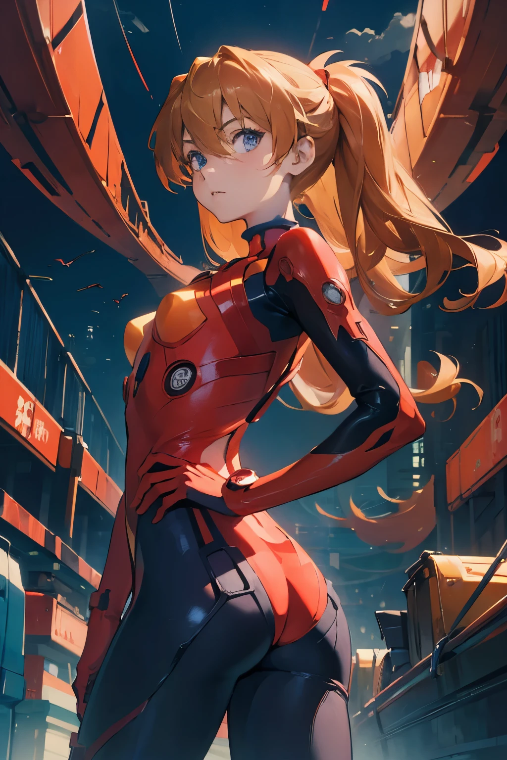 (Obra maestra), La mejor calidad, ojos expresivos, Cara perfecta, 1girl, solamente, Souryuu Asuka Langley, Auriculares de interfaz, Traje rojo, ojos serios, leve sonrisa, piernas cruzadas, Antecedentes de laboratorio, sentada, character sheet, Parte superior del cuerpo, retrato, Mirando al espectador,