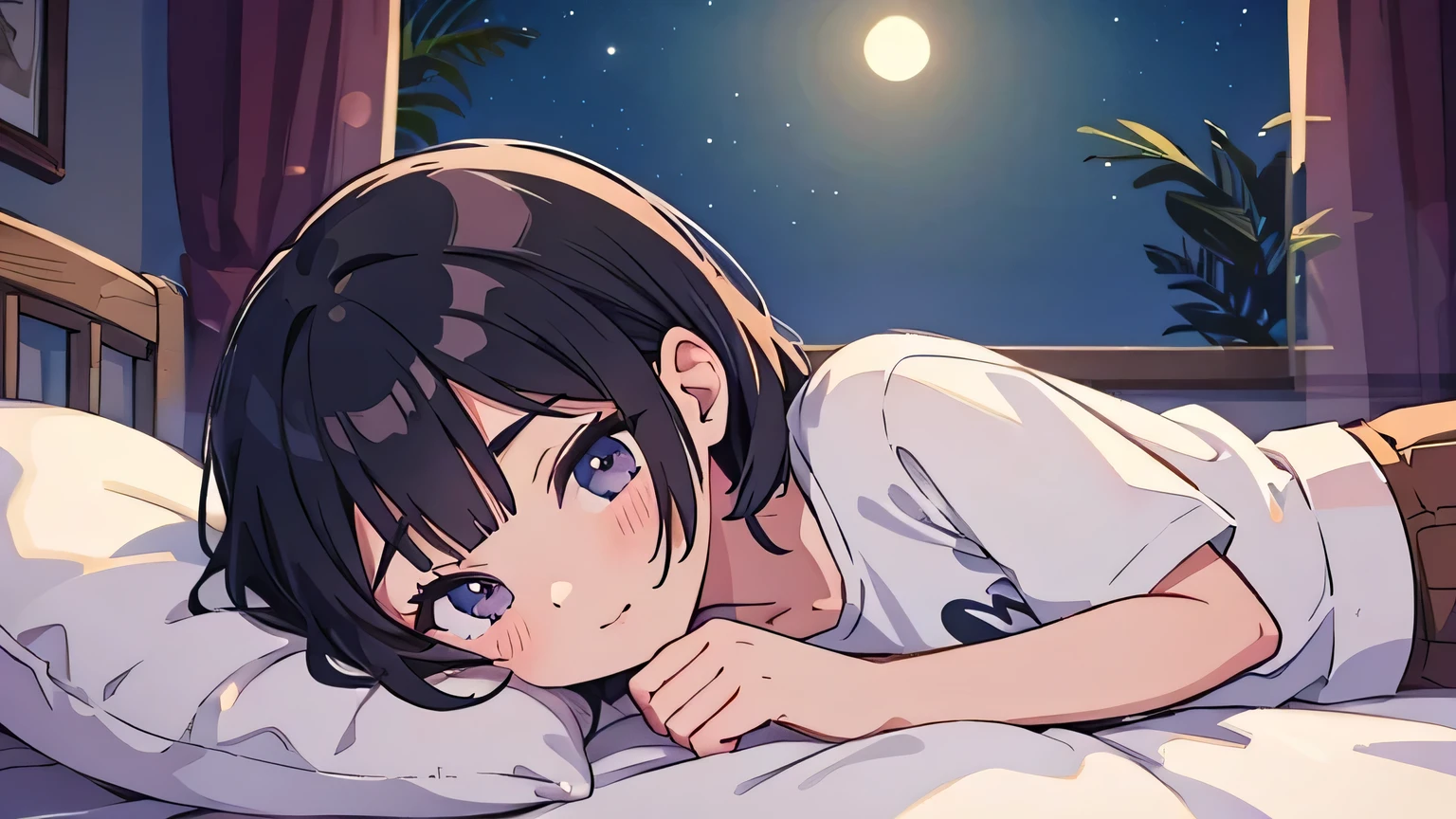 masterpiece, best quality, extremely detailed, anime,teenage girl,Casual Clothing,night,room,look up,bed,Cheerful,black hair,medium hair,from side