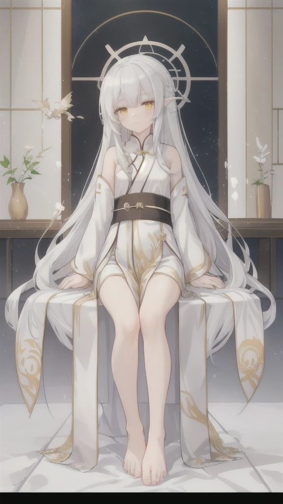 Long silver hair,White dragon horn,Golden Eyes,silver hanfu,barefoot,Fairy