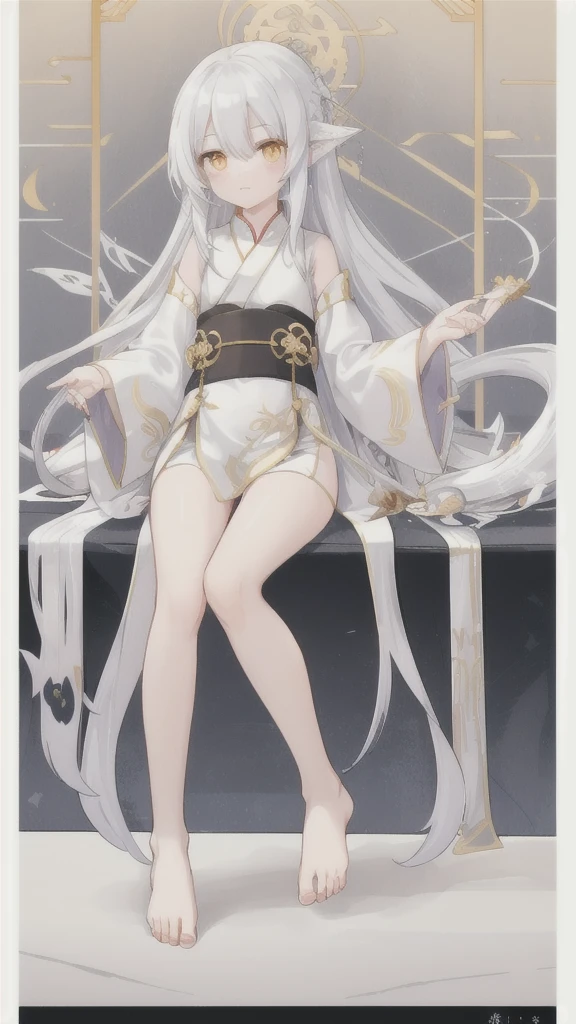 Long silver hair,White dragon horn,Golden Eyes,silver hanfu,barefoot,Fairy