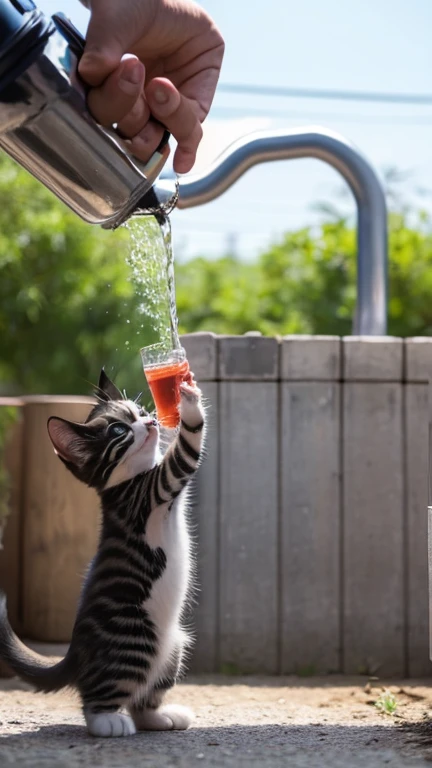 A little pretty cute kitten stands up and puts both hands up and grabs the water tank, puts its mouth to the tank and opens its mouth to drink water,Side view,