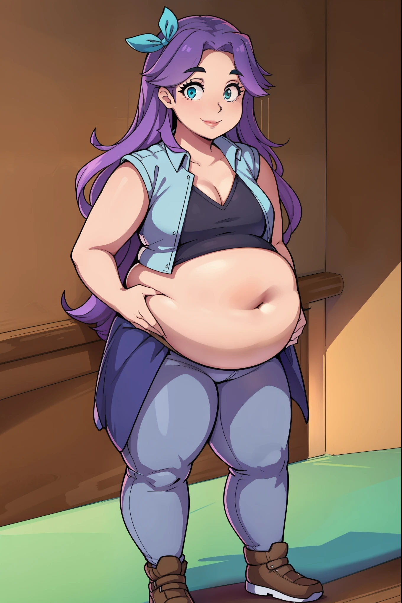 Small belly,Cute small belly, chubby, Smiling, looking at viewer, 1girl, full body, casual pose, abigail,  purple hair, aqua eyes,hair ribbon, long hair,