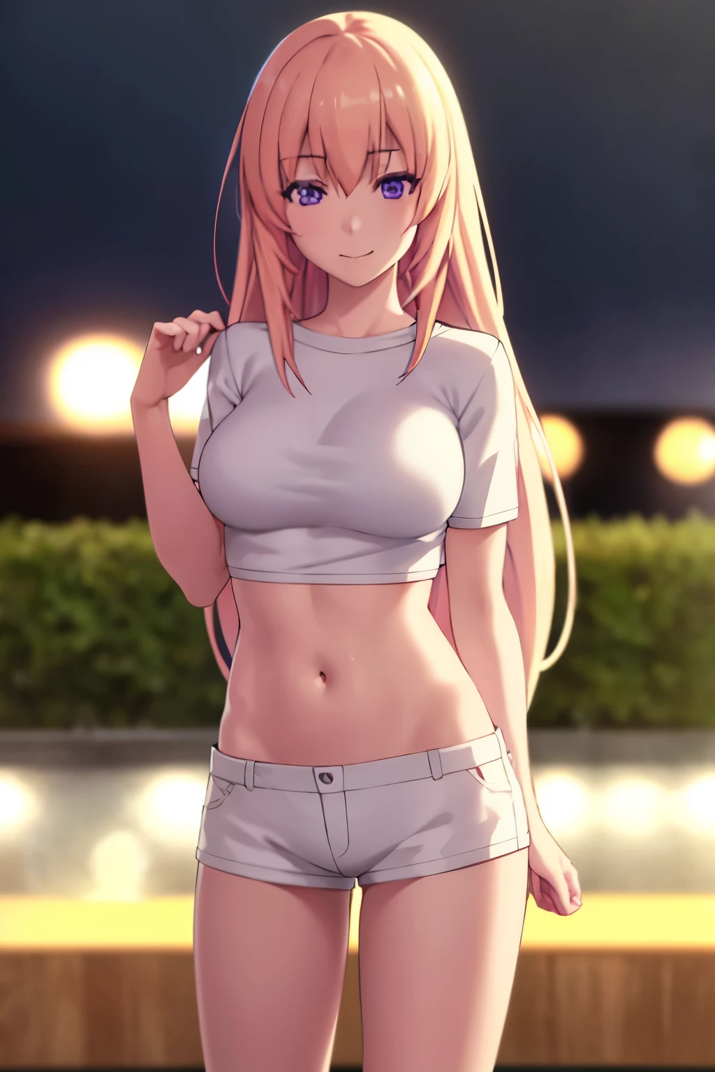 Honami Ichinose, long hair, blonde hair, (purple eyes:1.1), hair covering eyes, full body, red sports bra, smug smile, short shorts, love filter, best quality, 4k, 8k, highres, masterpiece:1.2, ultra-detailed, (realistic, photorealistic, photo-realistic:1.37), HDR, UHD, studio lighting, ultra-fine painting, sharp focus, physically-based rendering, extreme detail description, professional, vivid colors, bokeh, portrait