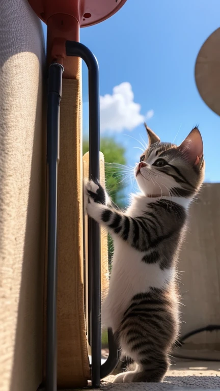 A little pretty cute kitten stands up and puts both hands up and grabs the water tank, puts its mouth to the tank and opens its mouth to drink water,Side view,