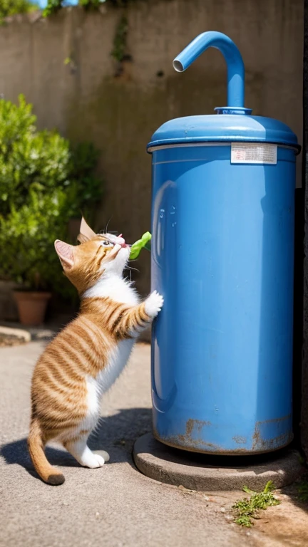 A little pretty cute kitten stands up and puts both hands up and grabs the water tank, puts its mouth to the tank and opens its mouth to drink water,Side view,