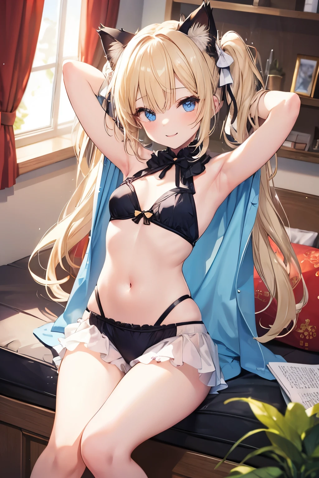 Blonde、blue eyes、girl、Small breasts、Twin tails、girl、Small breasts、ta、Bright smile、Looks about 15 yan Musume、short、目のhighlight、Sexy thighs、Cat ear、Cute Cat、Please show me your armpits、Your eyes are so beautiful、highlight