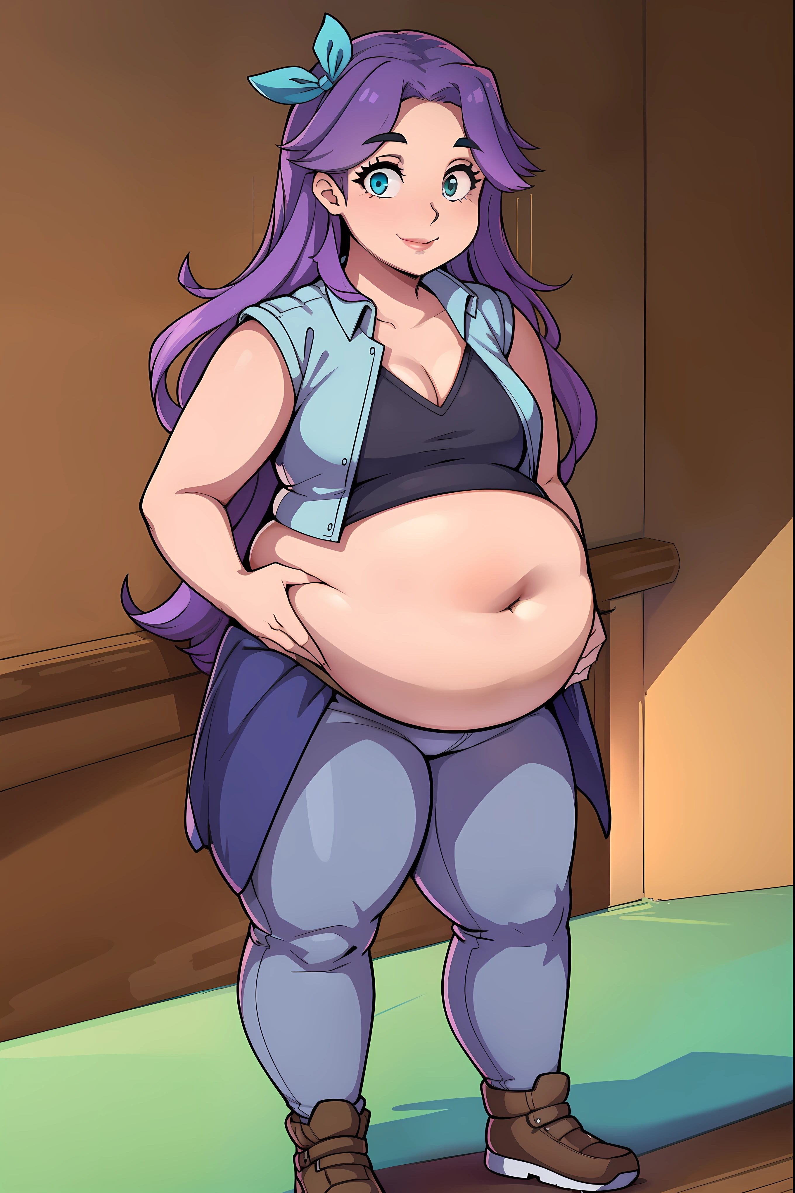 Small belly,Cute small belly, chubby, Smiling, looking at viewer, 1girl, full body, casual pose, abigail, purple hair, aqua eyes,hair ribbon, long hair,