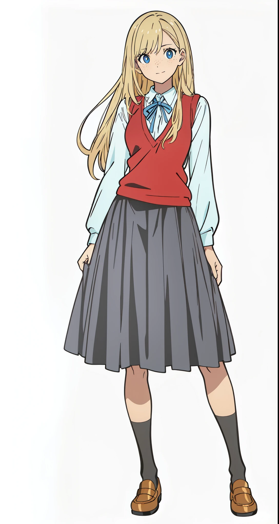 (best quality:1.0), (masterpiece:1.0), (super fine illustration:1.0), (beautiful artwork:1.0), (anime screencap:1.0), (official art:1.0), (european:1.0), (cheerful:1.0), (white background:1.0), (best quality:1.0), (masterpiece:1.0), (super fine illustration:1.0), (beautiful artwork:1.0), (anime screencap:1.0), (official art:1.0), (solo:1.0), (european:1.0), (a 18yo cute girl:1.0), (long skirt:1.0), (black skirt:1.0), (pleated skirt:1.0), (red knit vest:1.0), (white long sleeve collared shirt:1.0), (blue neck ribbon:1.0), (loafers:1.0), (black socks:1.0), (ideal ratio body proportions:1.0), (lanky:1.0), (tall:1.0), (slender:1.0), (small breasts:1.0), (smaller face:1.0), (tareme:1.0), (freckles:1.0), (detailed beautiful eyes:1.0), (detailed beautiful face:1.0), (glowing blue eyes:1.0), (long hair:1.0), (swept bangs:1.0), (blonde hair:1.0), (standing:1.0), (looking at viewer:1.0)