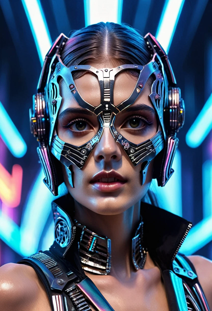 a woman wearing an exo-skeleton mask on a fashion runway, vibrant neon lighting, teenage model, intricate mechanical design, high-tech futuristic cyberpunk style, dynamic pose, dramatic lighting, colorful dystopian background, detailed metal textures, glossy wet look, hyper-realistic, 8k, photorealistic, cinematic, masterpiece