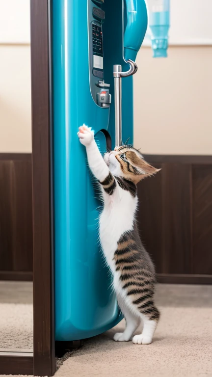 A little pretty cute kitten stands up and puts both hands up and grabs the water tank, puts its mouth to the tank and opens its mouth to drink water,Side view,indoor,
