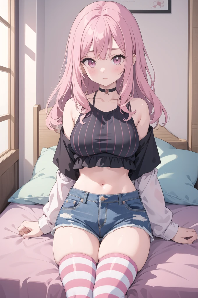 (masterpiece, best quality), 1girl, pink hair, crop top, denim shorts, bedroom, striped thighhighs,