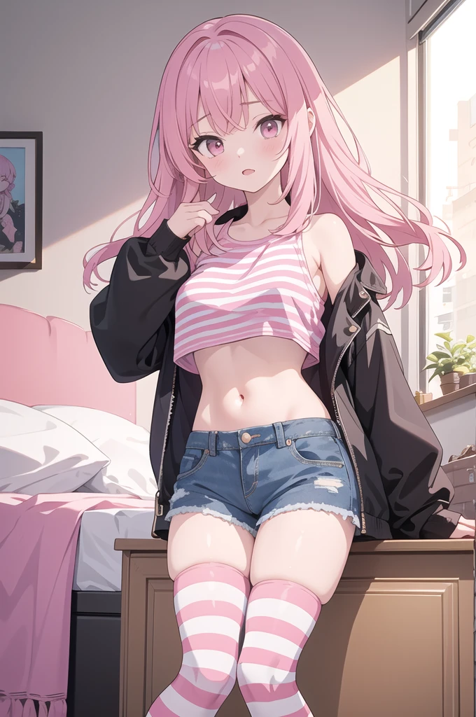 (masterpiece, best quality), 1girl, pink hair, crop top, denim shorts, bedroom, striped thighhighs,