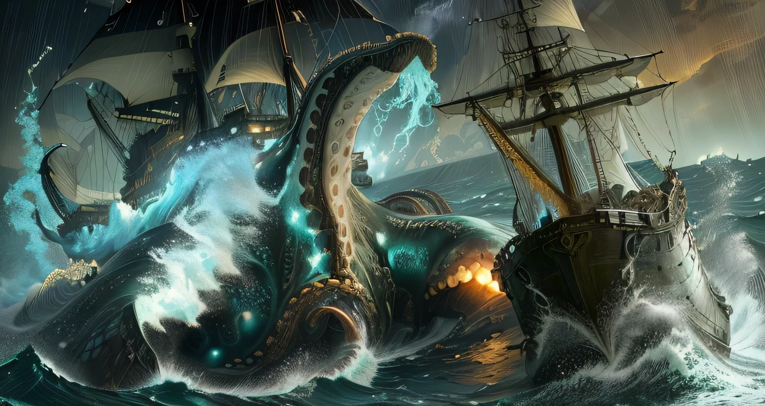 there is a big octopus attacking a ship in the ocean, scylla and Caríbdis, tentacles rising from the sea, scary monstro do mar, the Kraken, Krakens, Cthulhu surgindo do oceano, Kraken, monstro do mar, giant squids battling in the sky, serpente do mar, uma batalha naval, Caríbdis, monstro do mars