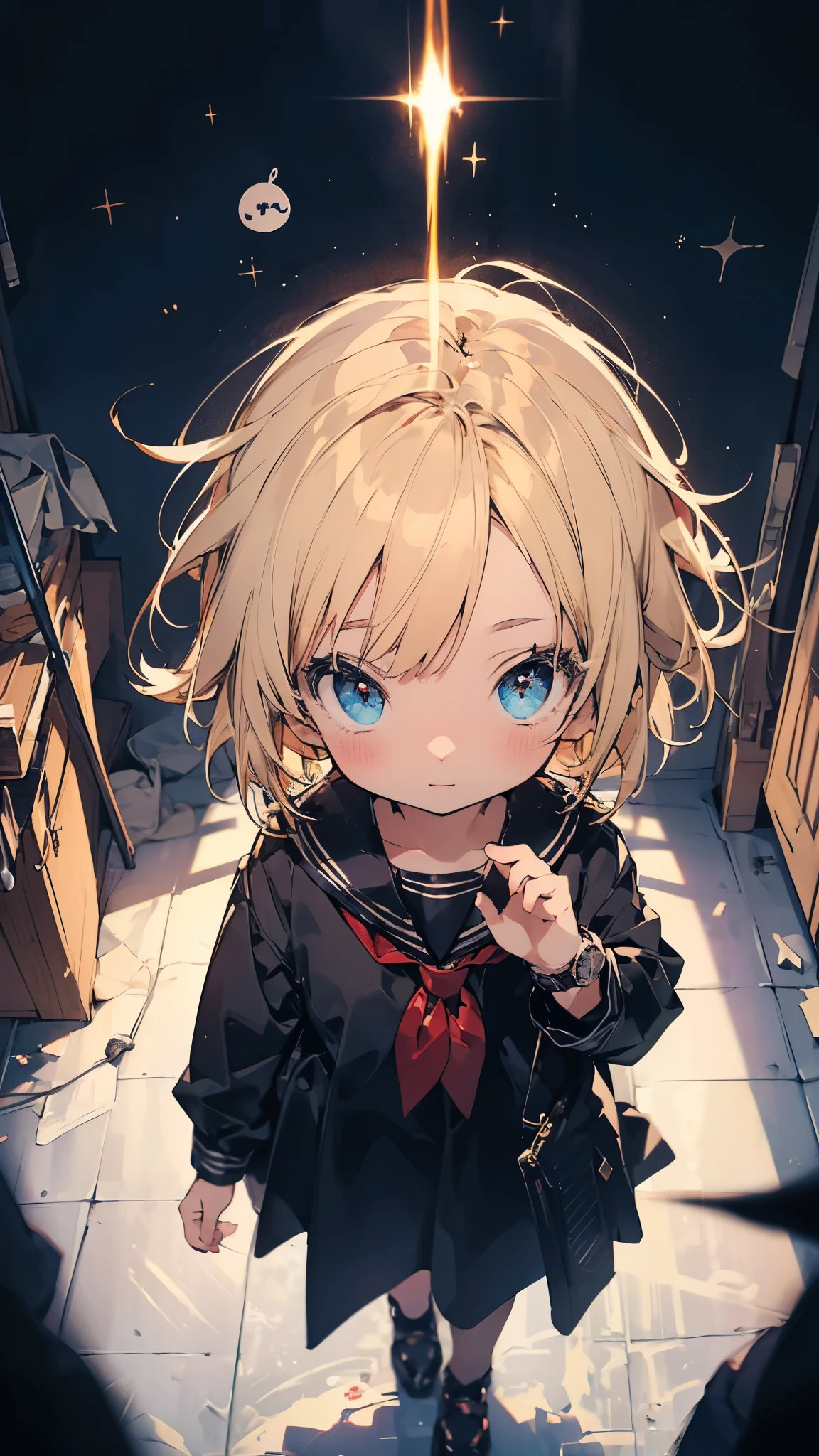 quality\(8K,Extremely detailed CG unit wallpaper, masterpiece,High resolution,top-quality,top-quality real texture skin,Surrealism,Improve resolution,RAW photos,Best quality,Very detailed,wallpaper,movie lighting,Ray Tracing,Golden Ratio\), rest ,Solitary,1 female\(Lovely, Kawaii,,Skin color: white,Pale skin,Smiley Face,hair is floating,Hair color blonde,bob short hair,Eye Color Universe,big eyes,Black sailor suit,walk,Watch from above:1.8,long shot\),background\(external,Messy slums,Watch from above,long shot,long term\),(Please generate the hand correctly when generating the hand)