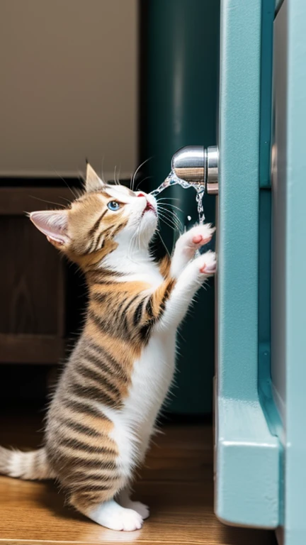 A little pretty cute kitten stands up and puts both hands up and grabs the water tank, puts its mouth to the tank and opens its mouth to drink water,Side view,indoor,