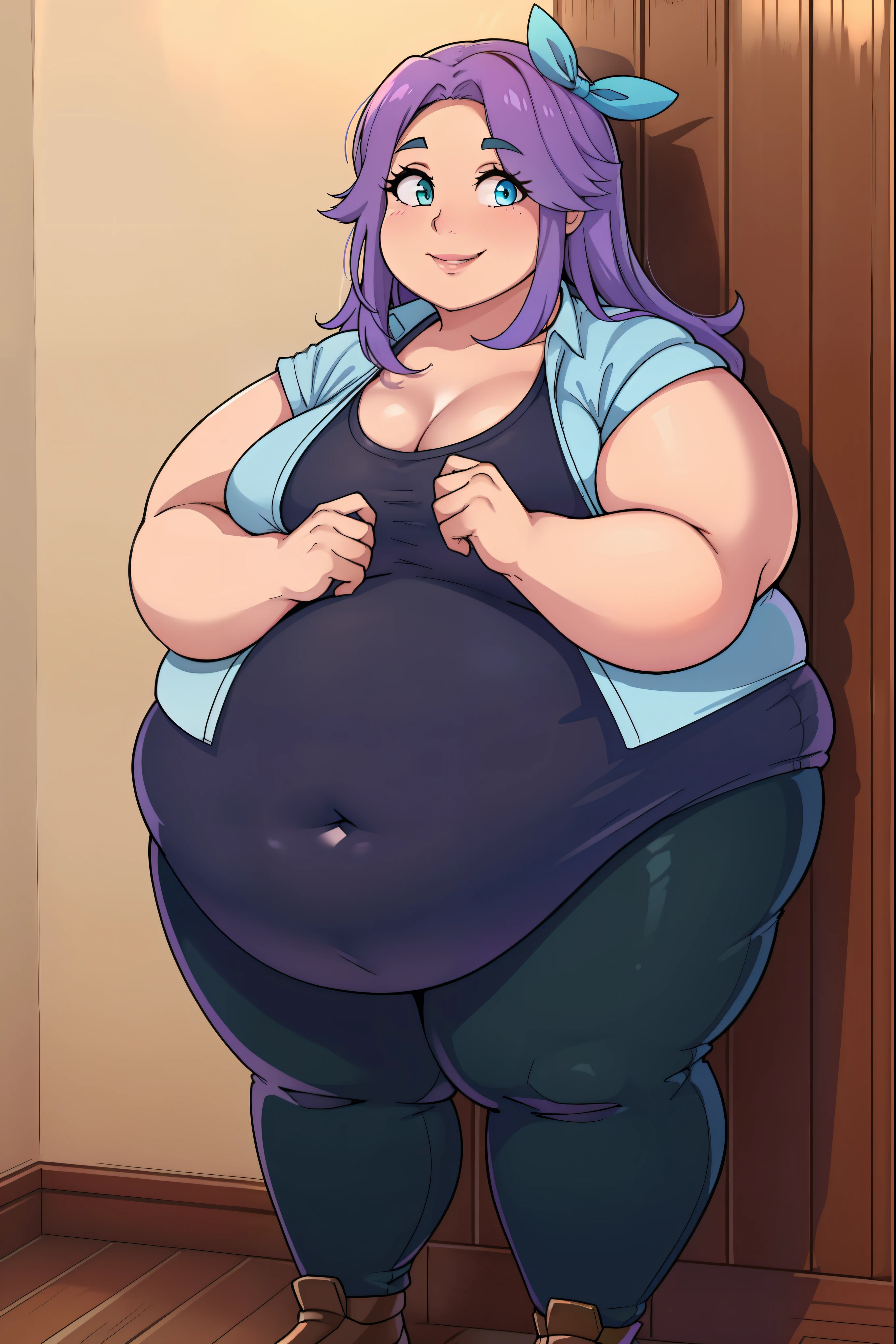 (Obese:1.0), Smiling, looking at viewer, 1girl, full body, casual pose, abigail,  purple hair, aqua eyes,hair ribbon, long hair,