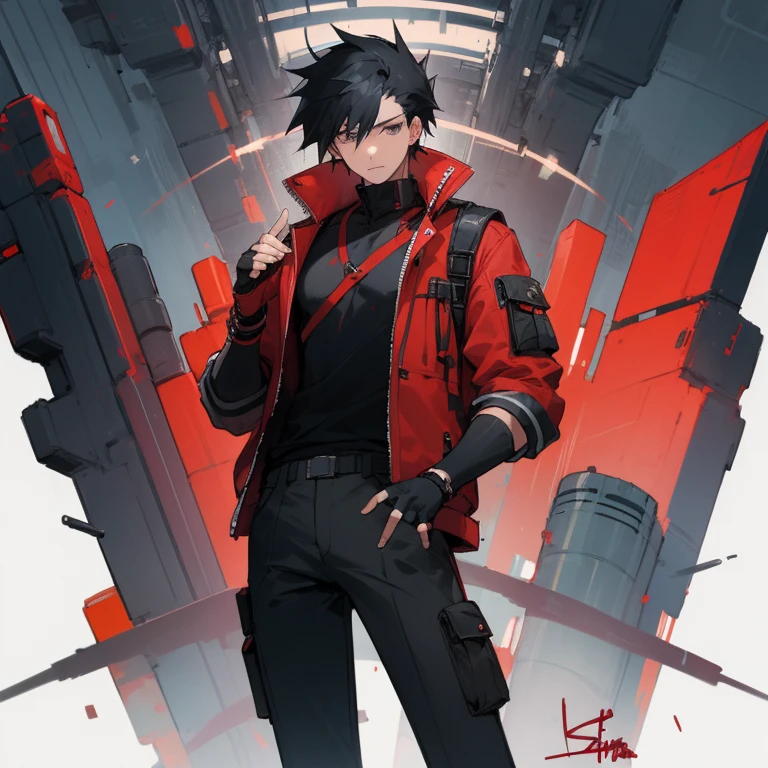 ((highest quality)), ((masterpiece)), (be familiar with), 1 male, alone, Black Hair,Spiky Hair,cargo pants,Red jacket,Black Shirt,Large,Fingerless Gloves, cyber punk,SF
