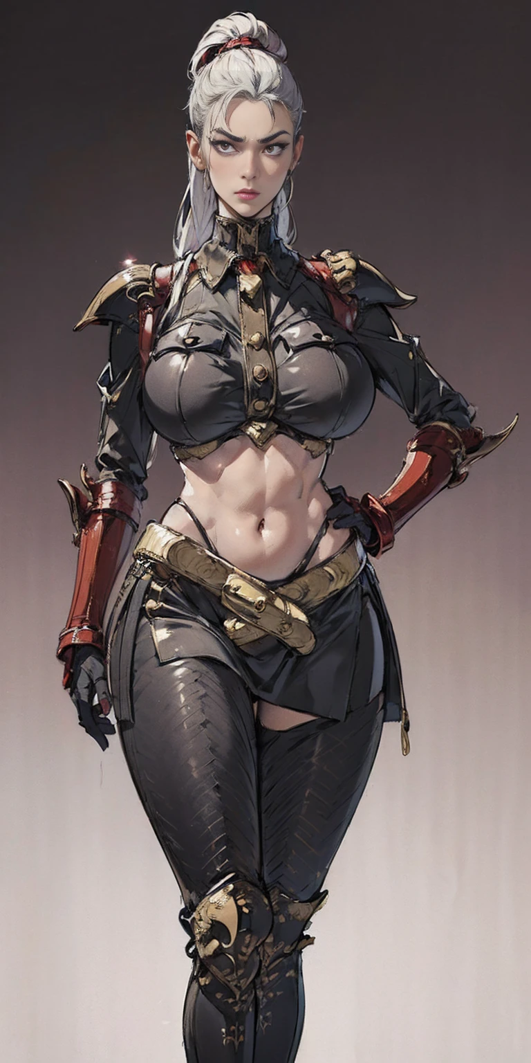 ((Plain background 1:2)) (Cammy White Street Fighter 6) Female full body standing straight symmetrical looking to the viewer RED full body armored (handcuffs, shackles, rerebrace, faulds, poleyn, gauntlets, leather collar choker) big belt under belly button, navel, belt over belly button, ((hands on hips)), loincloth, pinched eyes, (big-:1.5) thin legs, thin body, view from below, wide hips open legs showing crotch