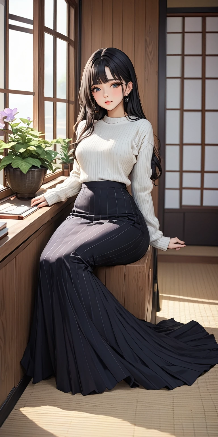 (masterpiece,highest quality,超A high resolution),Japanese women, (((Very beautiful 25 year old girl))),(Mermaid-style high-waisted long skirt)、The length of the skirt is up to the ankle、The skirt fits snugly to the body、Long sleeve sweater