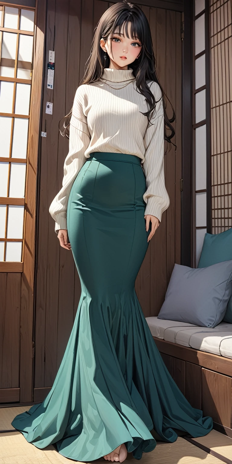 (masterpiece,highest quality,超A high resolution),Japanese women, (((Very beautiful 25 year old girl))),(Mermaid-style high-waisted long skirt)、The length of the skirt is up to the ankle、The skirt fits snugly to the body、Long sleeve sweater
