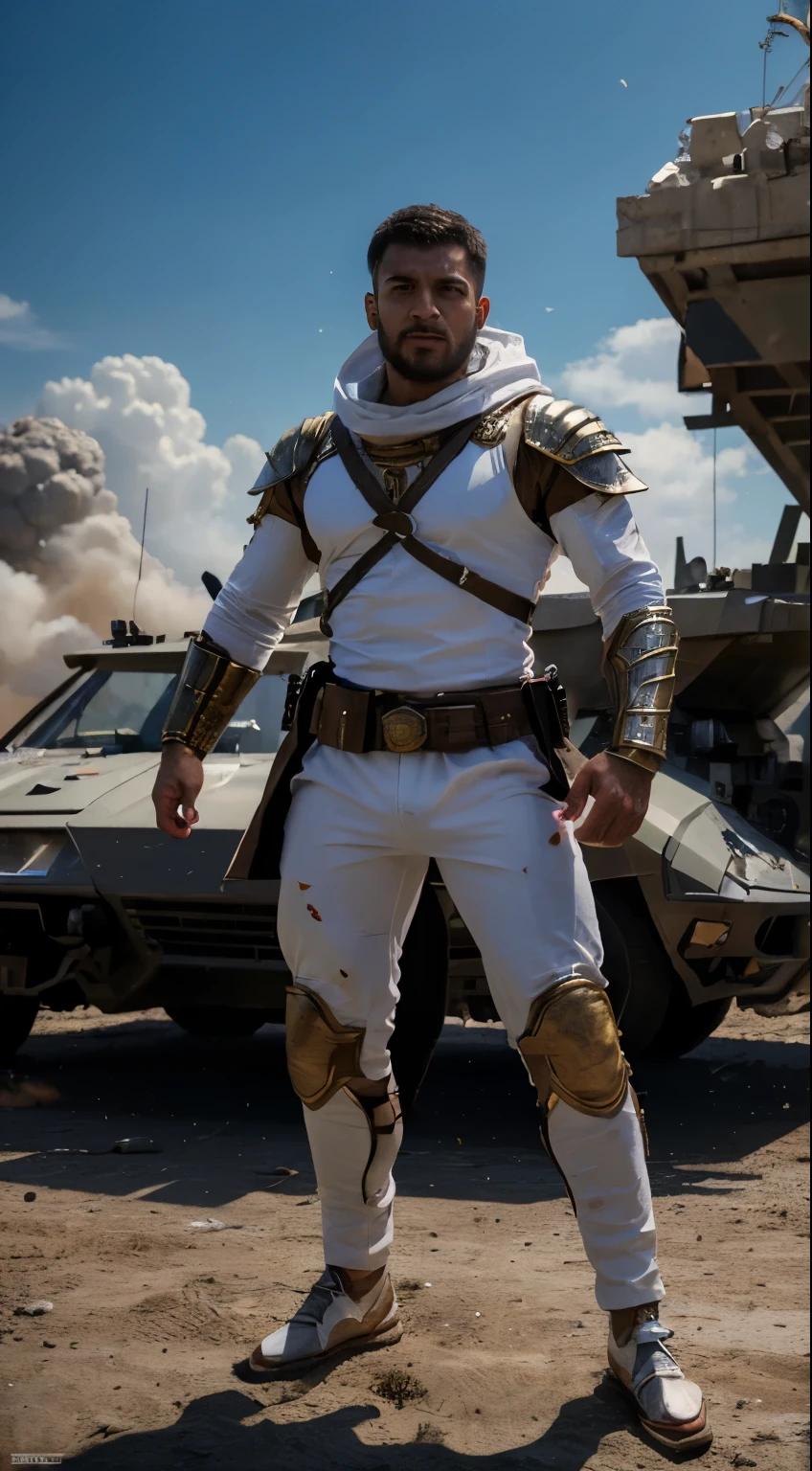 (masterpiece), (highly detailed), (best quality,8k,ultra-detailed,realistic), muslim fighter, war bagtle suit, white, full body, striking manly pose, Battlefield background, fire and chaos, vibrant colors, photo-realistic anime style, sharp focus, dynamic lighting, capturing every detail