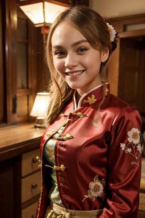 AnnaSophia Robb dressed in traditional Chinese clothing and smiling