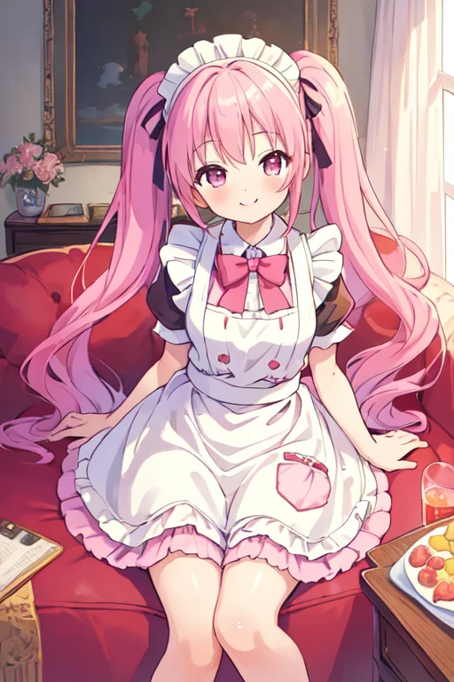 (best quality, masterpiece:1.2), illustrations, a cute girl, early teens, very lovingly face, twintails, pink hair, maid wear, (happy smile, aroused:1.2), livingroom,