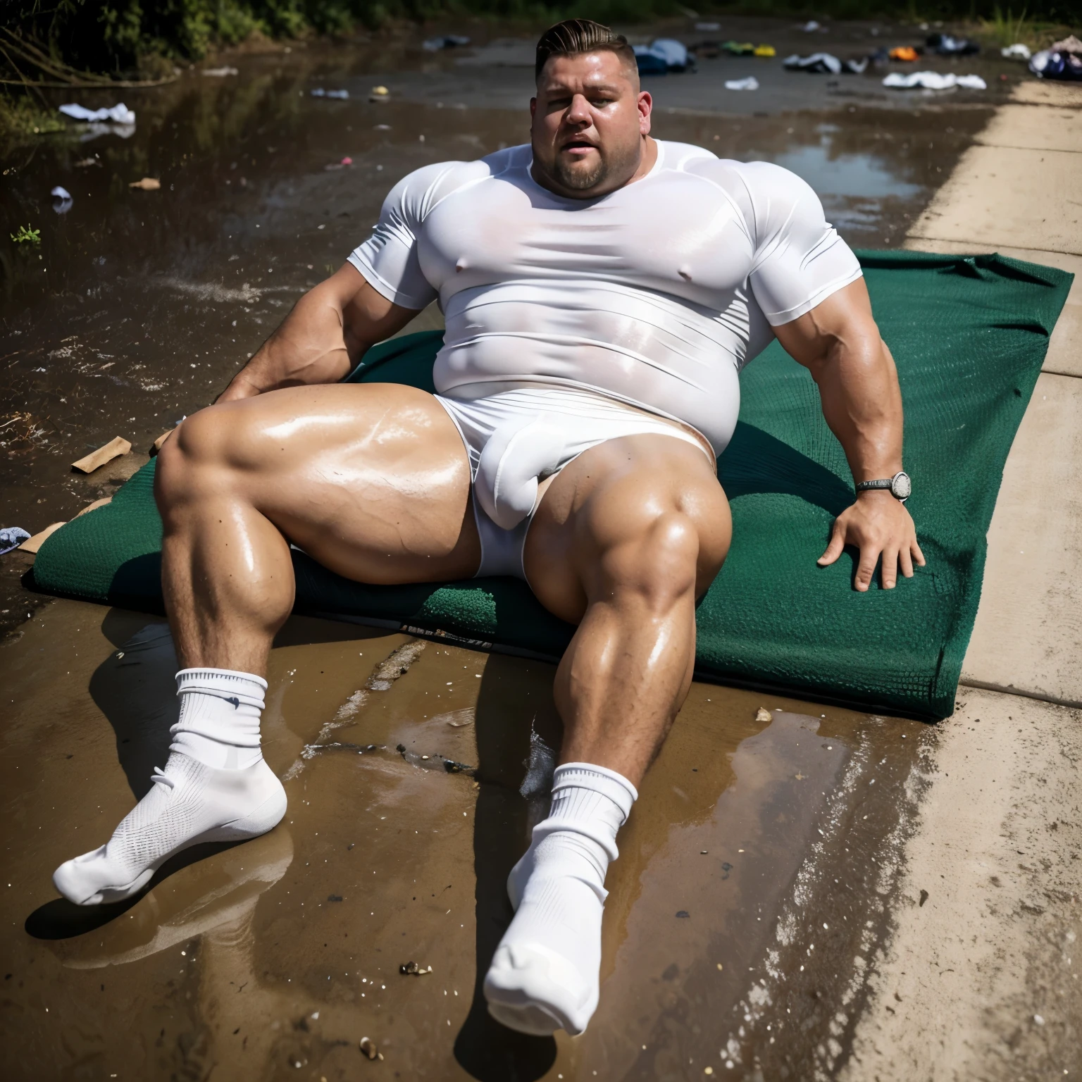 full body view, a huge over-muscular excessively bodybuilded white blond guy with undercut haircut, white lycra shorts, in his white sweaty socks, no shoes, his incredibly heavy monstruous crotch bulge  swells the white lycra disproportionately, and over-inflated pecs that are four times bigger than his head, crying, terrified, wet of sweat, lying sprawled out in the mire in a pile of rotting rank stinky garbage, looking like a monstruous fat sweaty bloated pig once fallen, his head looking incredibly ridiculously tiny with his huge piercing golden ring on his snout , showing off his sweaty filthy white socked feet shoeless, view from above, hi res