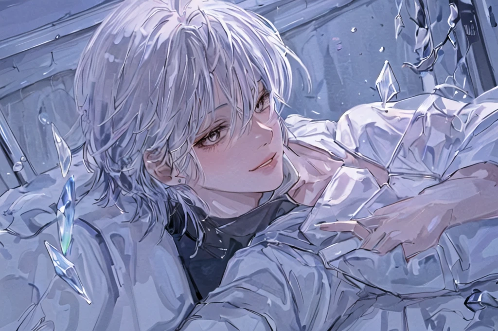 1girl, portrait, , solo,lips, male focus, closes eyes, looking at viewer, blueehite crystal hair, short hair, closed mouth, perfect smile