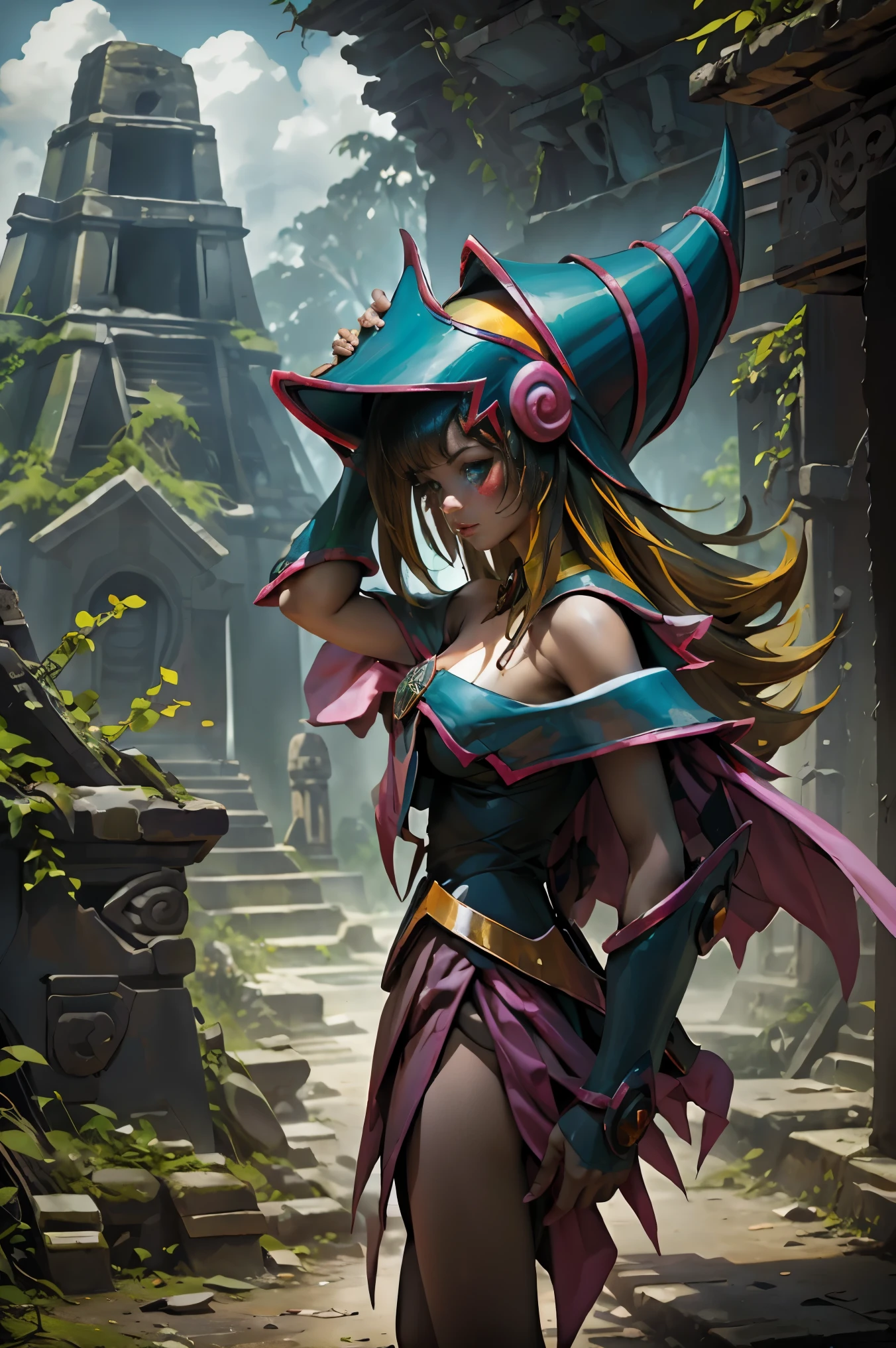 Hermosa dark magician gils. ella esta en la jungla maya. En medio de las ruinas mayas de Tikal.