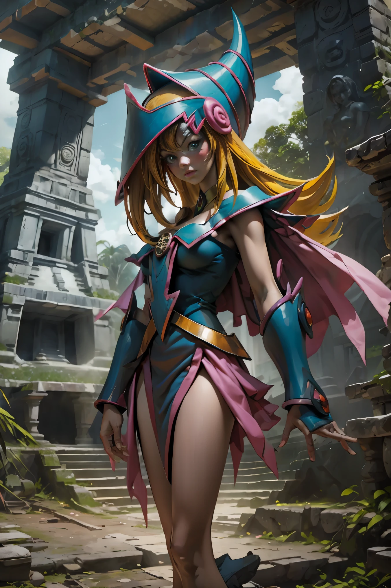 Hermosa dark magician gils. ella esta en la jungla maya. En medio de las ruinas mayas de Tikal.
