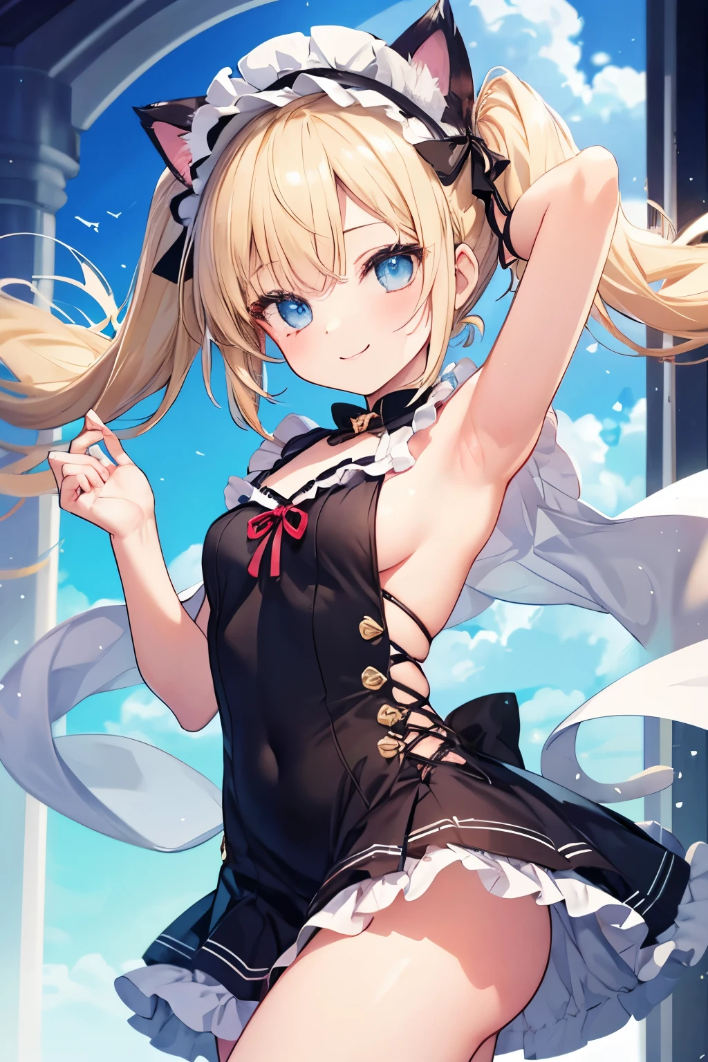 Blonde、blue eyes、girl、Small breasts、Twin tails、girl、Small breasts、ta、Bright smile、Looks about 15 yan Musume、short、目のhighlight、Sexy thighs、Cat ear、Cute Cat、Please show me your armpits、Your eyes are so beautiful、highlight