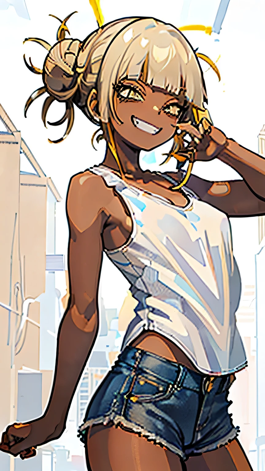 (masterpiece、highest quality、Super detailed)、((detailed face))、one 、((yellow hair))、side ponytail、((brown skin:1.2))、light blue eyes、evil smile、((grin))、((small breasts))、((white camisole:1.3))、((open front denim short shorts:1.2))、cowboy shot、((back alley background))、((nsfw))