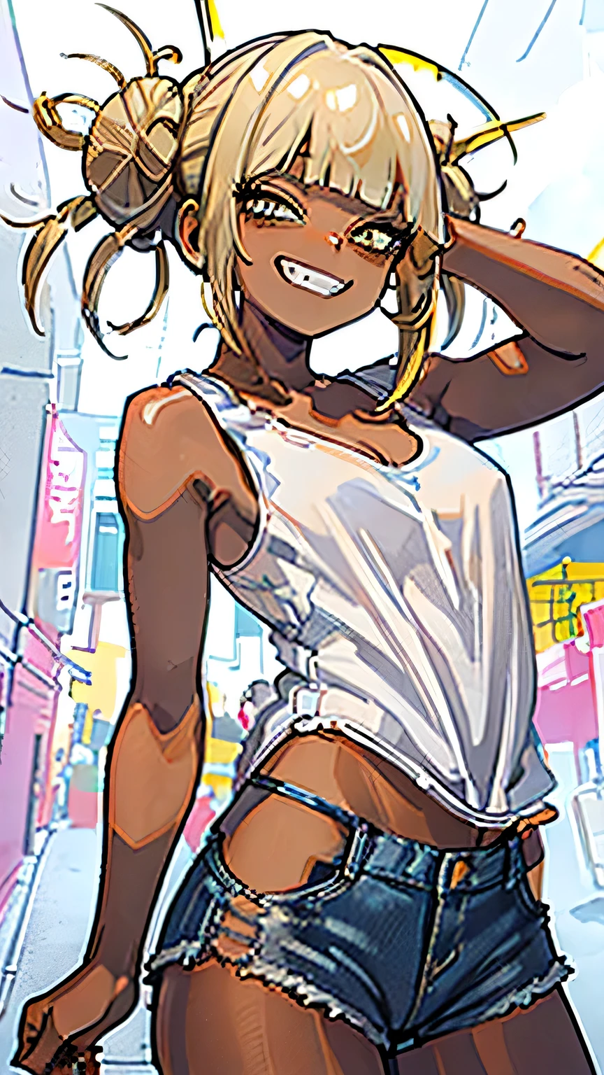 (masterpiece、highest quality、Super detailed)、((detailed face))、one 、((yellow hair))、side ponytail、((brown skin:1.2))、light blue eyes、evil smile、((grin))、((small breasts))、((white camisole:1.3))、((open front denim short shorts:1.2))、cowboy shot、((back alley background))、((nsfw))