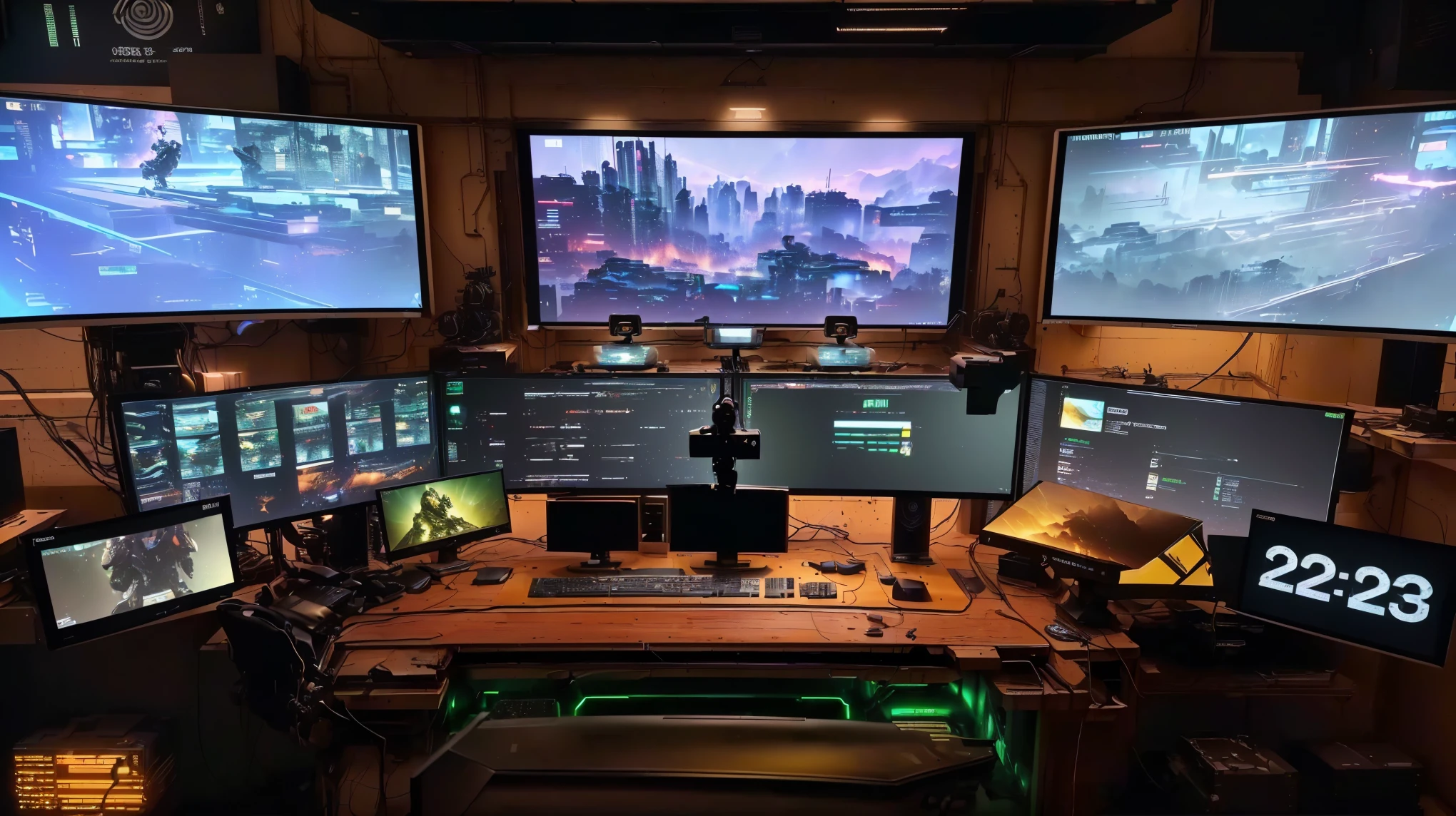 a grove of monitors and monitors are sitting on a desk, cyberpunk setting, 8k post production, 8 k post production, 8 k wide shot, 8k post-production, 8 k post - production, stunning visuals with rtx on, gaming room in 2 0 4 0, high res 8k, highly detailed 8 k, highly detailed 8k