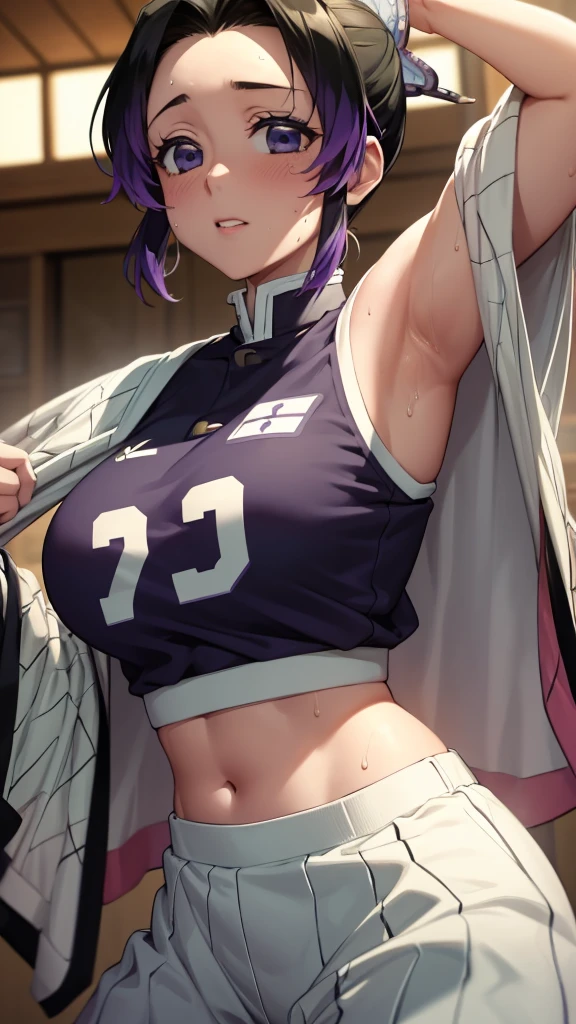 a close up of a person wearing a basketball uniform, a picture, inspired by Kentaro Miura, trending on pixiv, Shinobu Kochou, Demon Slayer, Kimetsu no Yaiba, wearing yellow nba jersey, yellow croptop nba jersey, wearing a low cut croptop, wearing croptop, croptop, written "Lakers" on the croptop, golden raito, (winking), shirobako, large)}], favorite scene, fine details. anime. skins, sweating, big breasts, both hands raised, armpits, armpits visible, dripping with sweat, more more sweat, sweaty armpits