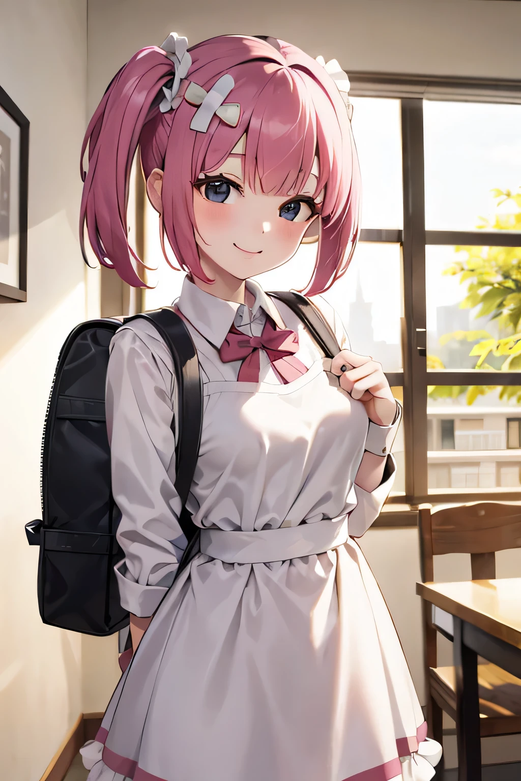 (masutepiece), Best Quality, High resolution, Highly detailed, Detailed background, Perfect Lighting, Indoor, 1girl in, , Looking at Viewer, , Maid Uniform, Adorable smile, Wearing a pink school bag backpack, (Randoseru Backpack:1.0)