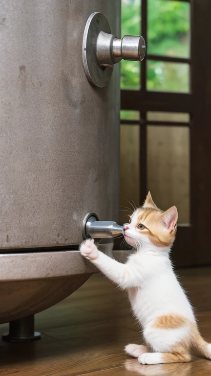 A little pretty cute kitten stands up and puts both hands up and grabs the water tank, puts its mouth to the tank and opens its mouth to drink water,Side view,indoor,