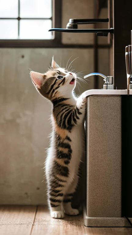 A little pretty cute kitten stands up and puts both hands up and grabs the water tank, puts its mouth to the tank and opens its mouth to drink water,Side view,indoor,