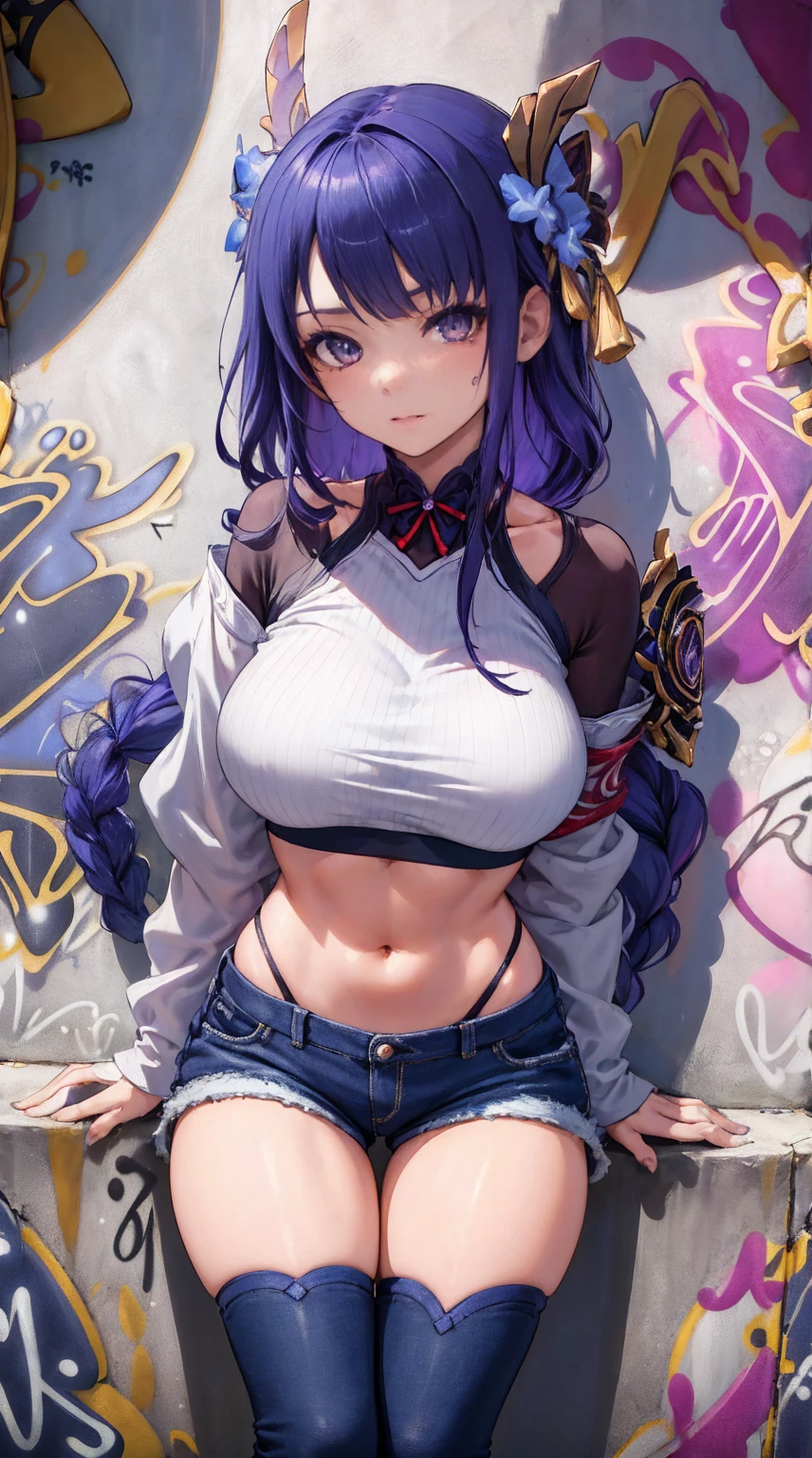 Kujou Sara Genshin Effect, masterpiece, bestquality, 1girls, bara, crop top, shorts jeans, choker, (Graffiti:1.5), color splashes, arm behind back, against wall, looking at the audience, bracelet, Thigh strap, Paint on the body....................., Head tilt, bored, multicolored hair, water eyes, headset,