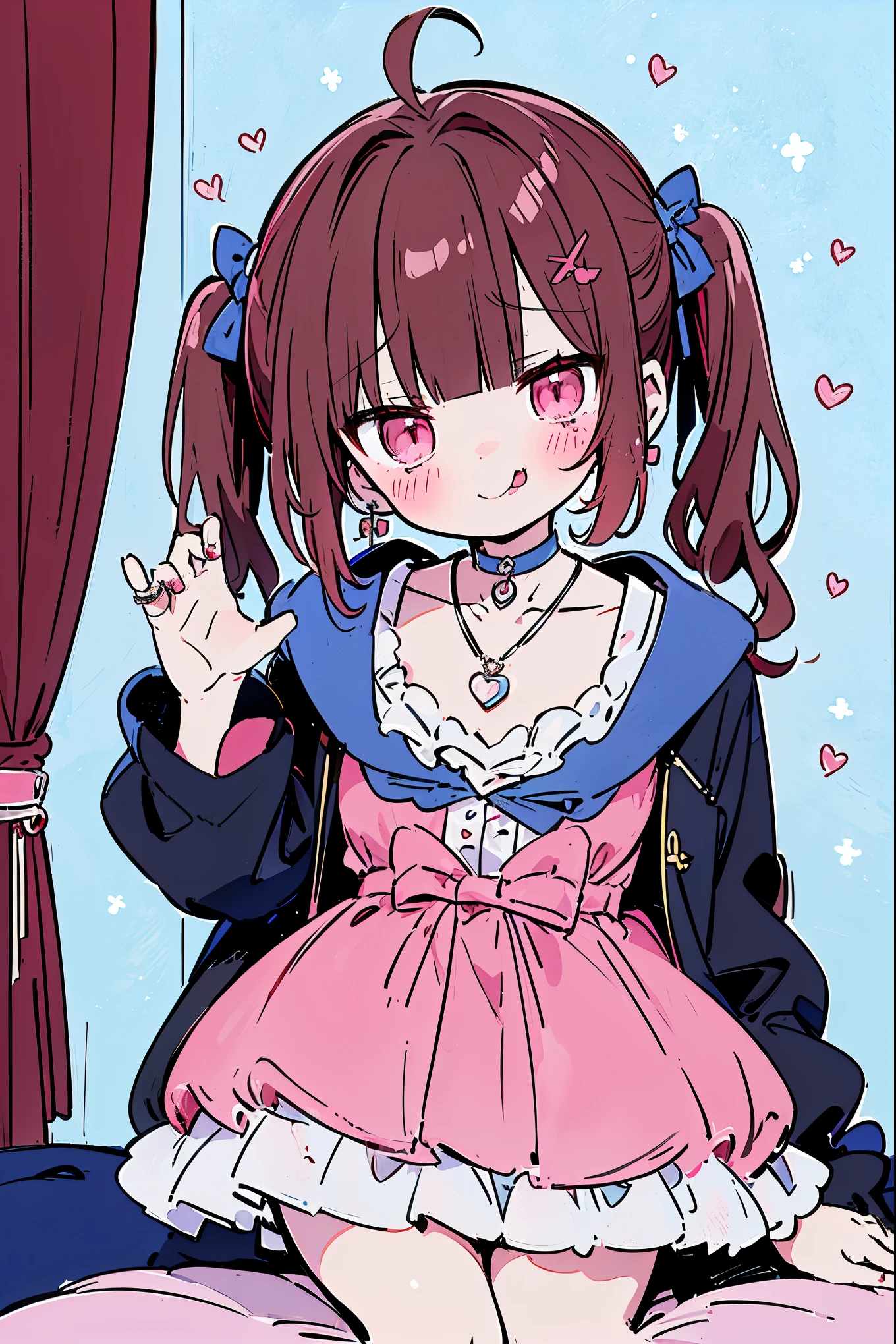 {{{{masterpiece}}}}, {{{Super detailed}}}, {{{high resolution}}},{{high resolution:1.3}}, {{good anatomy}}, (((best quality))), ((on the bed,indoor,blue theme,anime style,anime girl)),(((pink eyes,brown hair))),(big perfect eyes),((yandere,dark eyelash)),(((coat skirt,collarbone,red dress, jewelry, choker,necklace,dark atmosphere,night time))), hairclip, {8k cg wallpaper}, {{illustration,zoom in,focus on face,close-up shot, looking out a window}},((twintails|ahoge|floating hair|blunt bangs|short hair|curly))smile,(1girl:1), bride,solo,alone,(Color difference:1.2),(yandere smile,evil smile with Tongue,Dark circles),blushing,neat face,(medium breasts),((The details are complex、Shallow depth of field、weak lighting、a Canon EOS R5、50mm lens、f / 2.8、shot at 8k resolution))