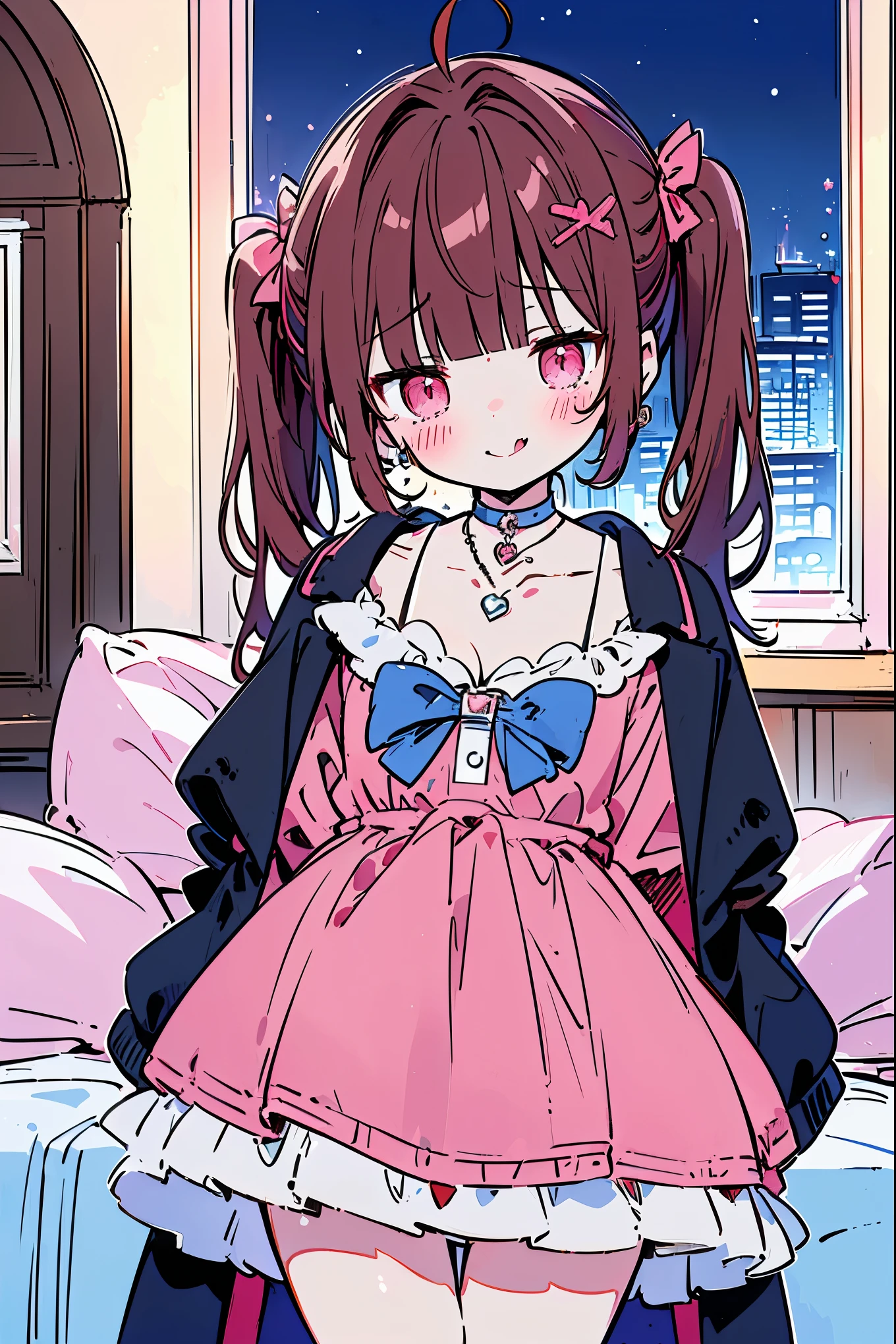 {{{{masterpiece}}}}, {{{Super detailed}}}, {{{high resolution}}},{{high resolution:1.3}}, {{good anatomy}}, (((best quality))), ((on the bed,indoor,blue theme,anime style,anime girl)),(((pink eyes,brown hair))),(big perfect eyes),((yandere,dark eyelash)),(((coat skirt,collarbone,red dress, jewelry, choker,necklace,dark atmosphere,night time))), hairclip, {8k cg wallpaper}, {{illustration,zoom in,focus on face,close-up shot, looking out a window}},((twintails|ahoge|floating hair|blunt bangs|short hair|curly))smile,(1girl:1), bride,solo,alone,(Color difference:1.2),(yandere smile,evil smile with Tongue,Dark circles),blushing,neat face,(medium breasts),((The details are complex、Shallow depth of field、weak lighting、a Canon EOS R5、50mm lens、f / 2.8、shot at 8k resolution))