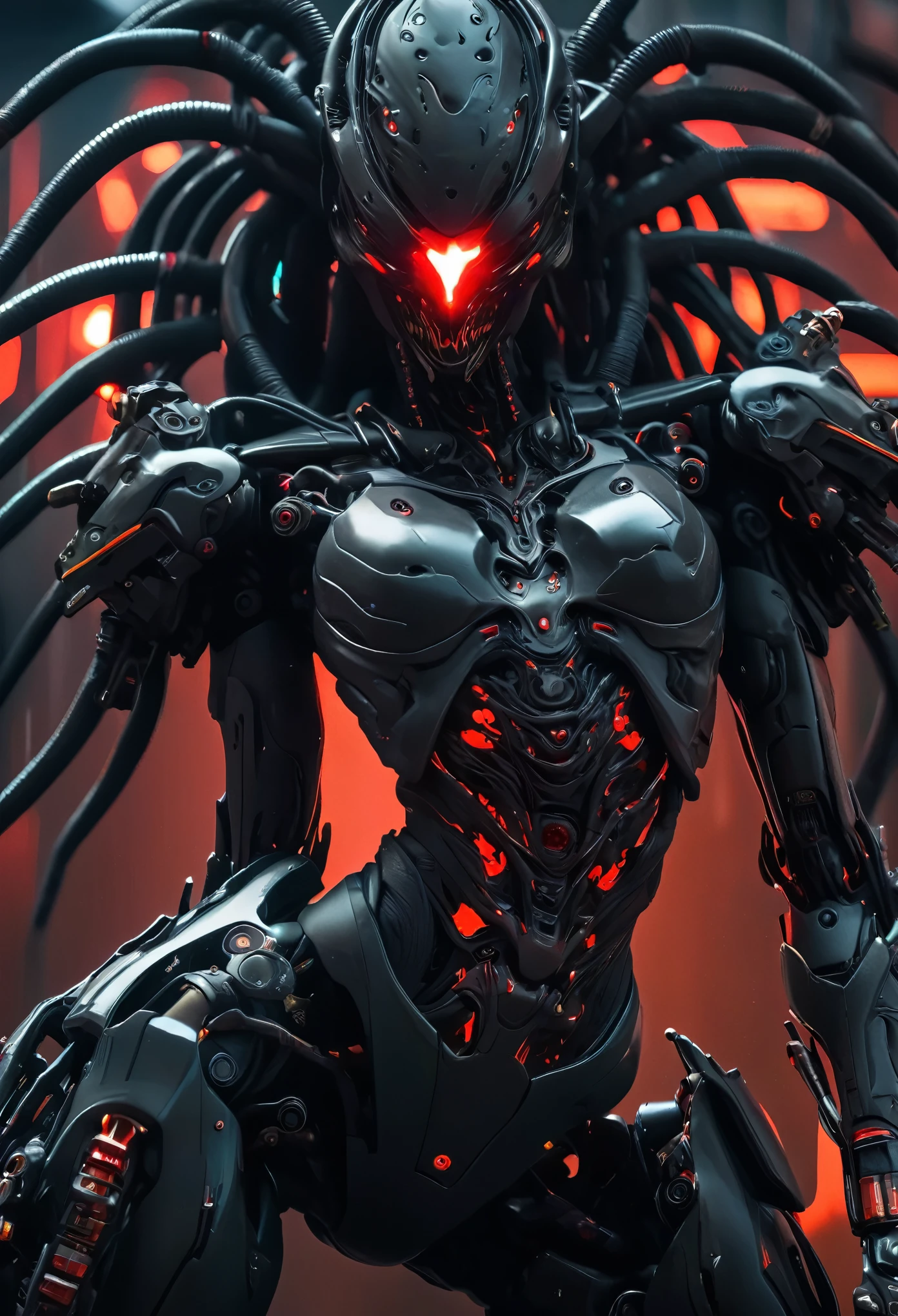 a heavily armed female android modeled after a terrifying demonic appearance, evil android, dark futuristic science fiction, hyper-detailed, cinematic lighting, dramatic chiaroscuro, muted color palette, (best quality,4k,8k,highres,masterpiece:1.2),ultra-detailed,(realistic,photorealistic,photo-realistic:1.37),intricate mechanical details, ominous atmosphere, intimidating presence, mechanical limbs, glowing red eyes, sharp fangs, sinister expression, advanced weaponry, cyberpunk, dystopian, moody