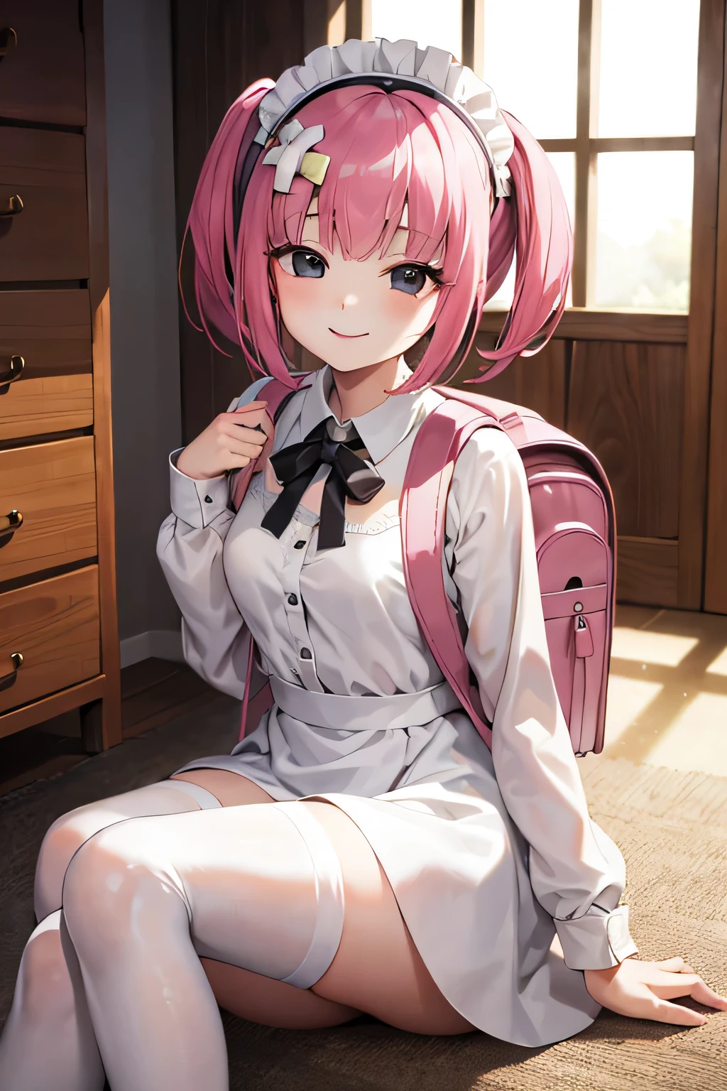 (masutepiece), Best Quality, High resolution, Highly detailed, Detailed background, Perfect Lighting, Indoor, 1girl in, , Looking at Viewer, , Maid Uniform, Adorable smile, Wearing a pink school bag backpack, (Randoseru Backpack:1.0)