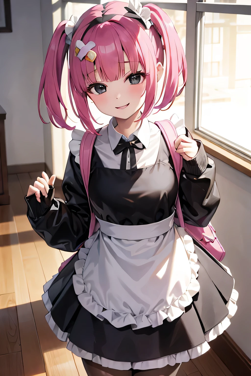 (masutepiece), Best Quality, High resolution, Highly detailed, Detailed background, Perfect Lighting, Indoor, 1girl in, , Looking at Viewer, , Maid Uniform, Adorable smile, Wearing a pink school bag backpack, (Randoseru Backpack:1.0)