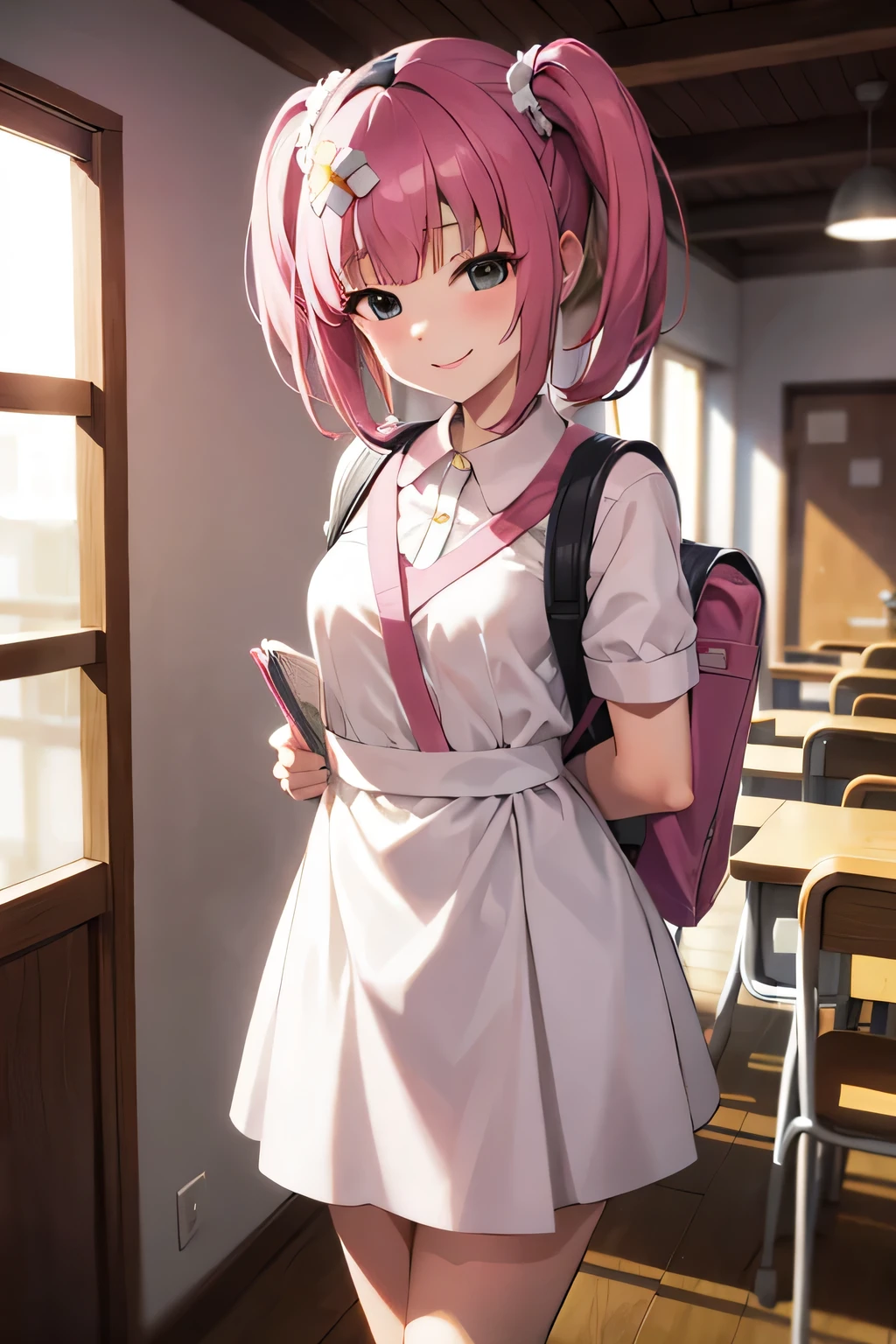 (masutepiece), Best Quality, High resolution, Highly detailed, Detailed background, Perfect Lighting, Indoor, 1girl in, , Looking at Viewer, , Maid Uniform, Adorable smile, Wearing a pink school bag backpack, (Randoseru Backpack:1.0)